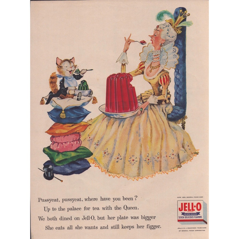 1956 Jell-O Magazine Print Ad Queen & Pussycat Nursery Rhyme Vintage Ephemera